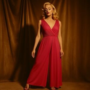 Vintage 70s Cattani of California Dark Pink Nylon Disco Hostess Palazzo Jumpsuit